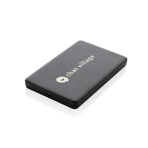 5.000 mAh ultra thin powerbank with 5W magnetic wireless charger where the case is made out of RCS certified recycled aluminum and recycled ABS plastic. RCS (Recycled Claim Standard) is a standard to verify the recycled content of a product throughout the whole supply chain. Total recycled content: 23 % based on total item weight. The powerbank contains a long lasting grade A 5.000 mAh lithium polymer battery. The power indicators will indicate the remaining energy level so you always know when to re-charge.; Type-C Input 5V/2.4A; USB C output:5V/2A.4A Item and accessories PVC free. Including RCS certified recycled TPE charging cable. Packed in FSC® mix packaging.<br /><br />WirelessCharging: true<br />PowerbankCapacity: 5000<br />PVC free: true