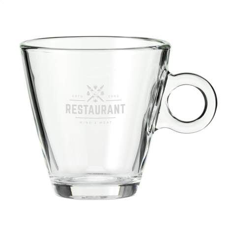 Großes Teeglas aus hochwertigem, gehärtetem Glas. Zeitloses Modell mit einem auffälligen runden Ohr. Fassungsvermögen 320 ml. Hergestellt in Italien.
