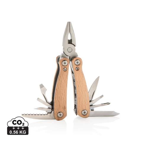 Compact and durable multitool with 12 functions. With beech wood case and high quality stainless steel tools. Tools include: long nose pliers, standard pliers, wire cutters, serrated blade, small knife, medium flat screwdriver, bottle opener, large flat screwdriver, knife, small flat screwdriver, phillips screwdriver, file & cleaner. Packed in gift box.
