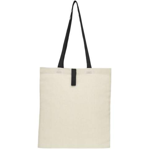 Tote bag with an open main compartment and coloured handles with a dropdown height of 32 cm. Features a strap with button closure to keep the bag folded. Resistance up to 8 kg weight. 