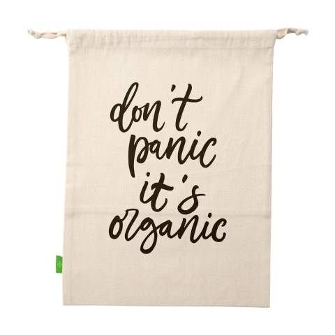 WoW! Sac pour fruits et légumes réutilisable, en coton 100% biologique (120 g/m²). Coton maillé sur le devant et coton non-maillé à l'arrière avec une fermeture à cordon. L'utilisation de ce sac permet de réduire le nombre de sacs plastiques à usage unique en circulation. Certifié GOTS. Capacité env. 1,5 litres.
