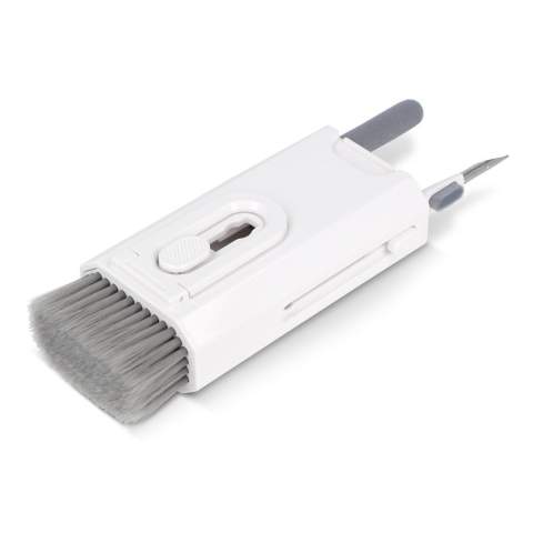Ce kit de nettoyage électronique 8 en 1 comprend : un stylo de nettoyage pour oreillettes, une brosse et une brosse éponge flocage, une brosse souple haute densité, un flacon pulvérisateur de nettoyage (liquide de nettoyage inclus), un swipe en fibre polaire, une boucle pour capuchon de touche, une fibre polaire lavable et un support pour téléphone. Idéal pour nettoyer tous vos appareils électroniques.