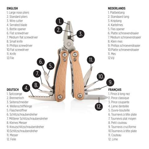 Compact and durable multitool with 12 functions. With beech wood case and high quality stainless steel tools. Tools include: long nose pliers, standard pliers, wire cutters, serrated blade, small knife, medium flat screwdriver, bottle opener, large flat screwdriver, knife, small flat screwdriver, phillips screwdriver, file & cleaner. Packed in gift box.