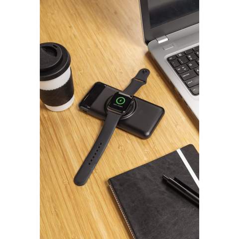 Multifunctional 10.000 mah powerbank that can charge your mobile devices wirelessly and also your Apple watch via the 3W wireless watch charger. Simply place your phone or watch on the wireless charging pad to charge it. With 2 USB output ports to charge two devcices at the same time. The item has a 10000 mah A grade li-polymer battery to charge your device up to 5 times. With remaining battery indicator display. Micro input 5V/2A,Type-C input 5V/2A, USB output: 5V/1A. Wireless output phone 5W 5V/1A, Wireless output watch 3W (5V/600 mAh) ) Including PVC free TPE material micro charging cable.<br /><br />WirelessCharging: true<br />PowerbankCapacity: 10000