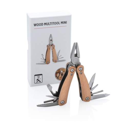 Compact and durable multitool with 12 functions. With beech wood case and high quality stainless steel tools. Tools include: long nose pliers, standard pliers, wire cutters, serrated blade, small knife, medium flat screwdriver, bottle opener, large flat screwdriver, knife, small flat screwdriver, phillips screwdriver, file & cleaner. Packed in gift box.