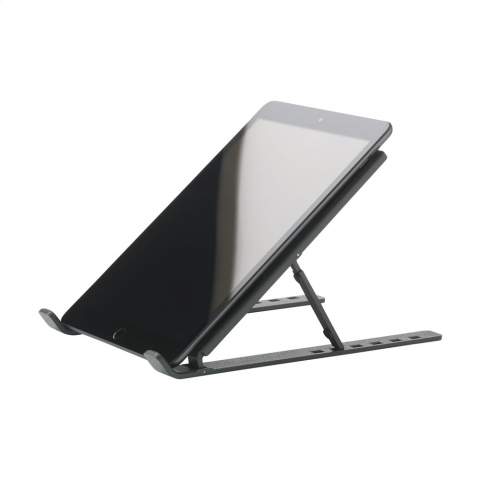 WoW! Adjustable laptop stand made from GRS-certified recycled aluminium. The laptop stand is suitable for laptops and tablets (up to 15.6 inches). Adjustable to 6 different heights. This contributes to a correct and comfortable working position. The stand is high-quality, lightweight, non-slip and stable. The sleek, open design ensures good ventilation. Foldable into a compact package and therefore easy to carry. A must-have that suits every workplace. Terry textile pouch included. GRS-certified. Total recycled material: 91%. Each item is supplied in an individual brown cardboard box.