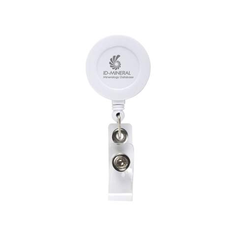 Porte-badge avec clip en métal, cordelette en nylon enroulable et clip du badge avec bouton pression.  Longueur du fil : 80 cm.