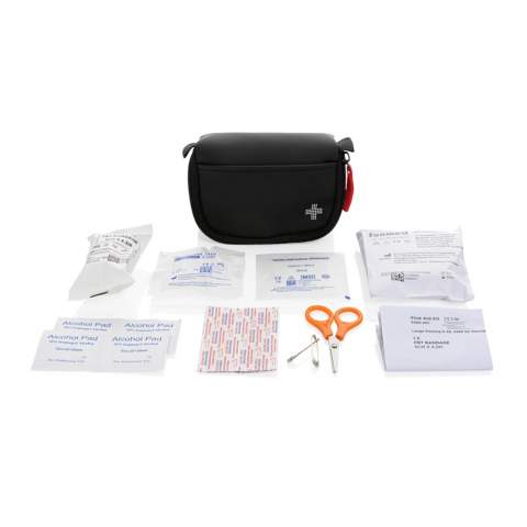 Luxury first aid kit, featuring a water-repellent nubuck-PU material that is both stylish and practical. The material is easy to clean and repels water, making it perfect for use while on the go. Contents: 1pc triangle bandage, 1pc PBT bandage, 4pcs alcohol pad, 1pc swab, 5pcs plasters, 1pc scissor, 2pc pin, 1 pc tape; All content according to Medical Device Directives: 93/42/EEC and EU (2017/745), EN ISO 13485:2016; All content (except for pins and scissor) packed in paper bag marked with all mandatory markings needed for EU legislation, like “Expiration date, CE, LOT number. Total recycled content: 32% based on total item weight. RCS certification ensures a completely certified supply chain of the recycled materials