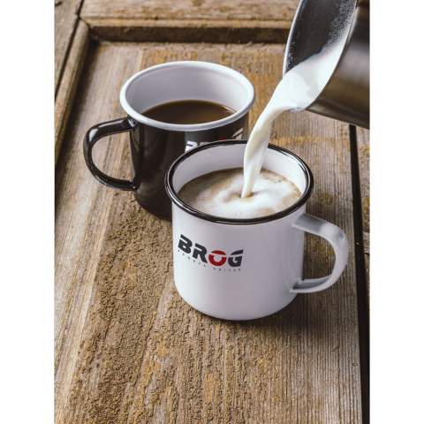 Enamelled mug. A popular retro-style design. To accentuate the retro look, the mug has imperfections. Capacity 350 ml. Each item is individually boxed.