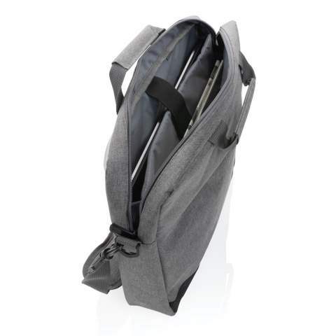 Protect and store your 15.6” laptop in style in this trendy 600D duo tone polyester laptop bag. 2 sided main compartment for your gear. Front slanted zippered accessory pocket. PVC Free.<br /><br />FitsLaptopTabletSizeInches: 15.6<br />PVC free: true