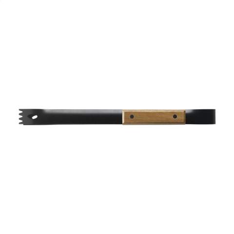 4-piece barbecue set: spatula, fork, knife and meat tongs. The stainless steel has a beautiful, black coating and the accessories have handles made of acacia wood. This chic set comes in a 600D nylon pouch.