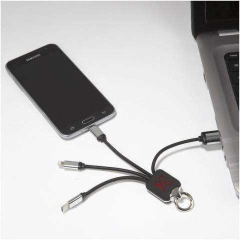 Light-up logo charging cable with rubber and metal finish fitted with three connectors (Type-C, Android, iPhone). Up to three devices can be charged simultaneously. Length of cables (including plugs): 10 cm. Recycled PET plastic cable and packaging is made of recycled paper and recycled plastic.