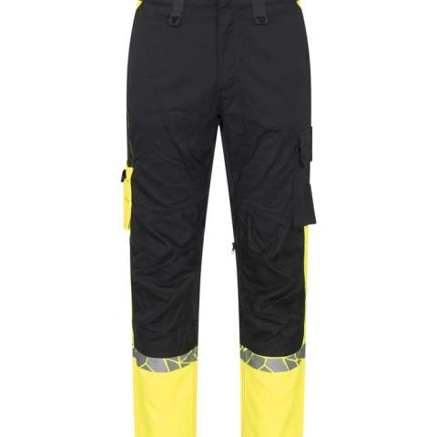 • Werkbroek met open zijzakken en achterzakken met extra breedte, linkerkant met klep en magnetische sluiting <br />• Voorgevormde knieën, stretchstof in het kruis en ingenaaide stretchband in de taille voor verhoogd comfort <br />• Broekzakken, linkerzak met klep en magnetische sluiting, interne telefoonzak en houder voor ID-kaart <br />• Rechterzijde zak voor vouwmeter en zak voor gereedschap met messenknoop <br />• Kniebeschermingszakken, te openen aan de buitenkant met rits <br />• Wijdere riemlus aan de achterkant om druk van de riem te voorkomen <br />• Verborgen knoop aan de voorkant • Cordura® versterking in de vouwmeterzak, achterzakken en over de knieën voor verhoogde duurzaamheid <br />• Waschipzakje<br /><br />Getest voor industrieel wassen volgens ISO 15797<br />Verhoogde zichtbaarheid volgens EN 17353<br />Geleverd in een bio-based, composteerbare polybag