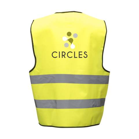 Fluorescent safety vest made of 100% tricot polyester. One size fits all, with adjustable velcro fastener. (EN ISO 20471 Class 2).
