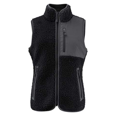Bicolor teddy fleece bodywarmer. Contrasterende stof op de linkerborst en als afwerking van de naden. Borstzak en zijzakken met ritssluiting. Dit artikel is verpakt in een composteerbare polybag.