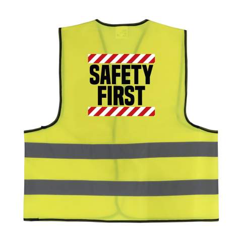 Fluorescent safety vest made of 100% tricot polyester. One size fits all, with adjustable velcro fastener. (EN ISO 20471 Class 2).