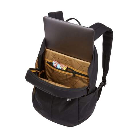 Professional laptop backpack with bluesign® quality mark from the Thule brand. The backpack is made from 100% recycled 600D polyester and is lined with 400D nylon. The spacious compartment has plenty of storage space and has a zip pocket and a padded protective compartment for a laptop up to 14 inches (16 inch MacBook® Pro). With two side pockets and a zip pocket on the front so you have quick access to personal items. Fully lined and equipped with YKK zippers and a carrying loop. The adjustable shoulder straps and back panel are equipped with foam and guarantee excellent wearing comfort. This backpack is made from bluesign® approved fabrics and accessories and produced in a resource-efficient manner. Capacity approx. 20 litres.