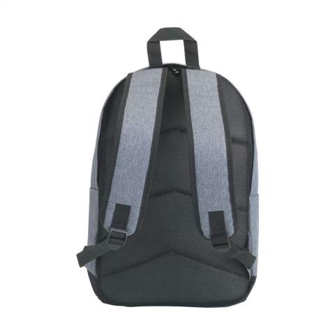 13-inch laptop backpack made of 600D/300D, 2-tone polyester with hidden zipper on the back. This makes it harder for pickpockets to access the contents of the bag, keeping your things safer. The large main compartment has a protective pouch for a 13” laptop and various pockets. With sturdy PVC lining that protects the contents against rain. Front compartment, 2 side compartments and carrying strap. The back and adjustable shoulder straps are fitted with comfortable foam.