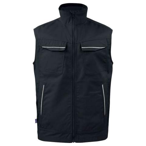 • ongevoerde vest in een easycare materiaal polyester/katoen<br />• goed kleurbehoud<br />• twee borstzakken<br />• D-ring voor badgehouder<br />• ritssluiting in de kraag met stormflap en kinbescherming<br />• voorzakken met ritssluitingen<br />• verlengd rugpand<br />• linker binnenzak voor mobiele telefoon, rechter binnenzak met velcrosluiting<br />• reflectiebiezen aan de voor- en achterzijde