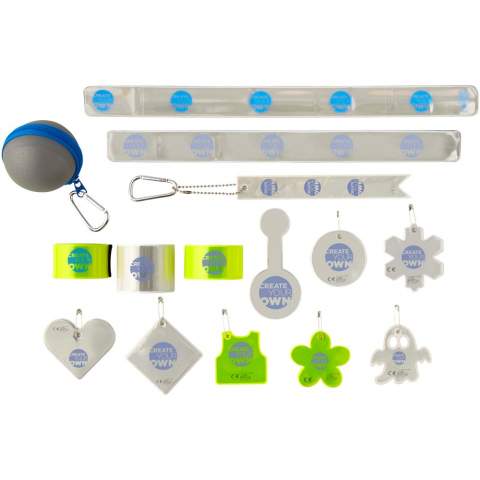Includes 5 slap-wraps, 8 reflective hangers, 1 reflective magnet, 1 reflective meteor and 1 reflective product catalogue. Products are manufactured in Europe are tested and certified to meet the EN17353:2020 standard Type B1 and B2, guaranteeing high quality and visibility.