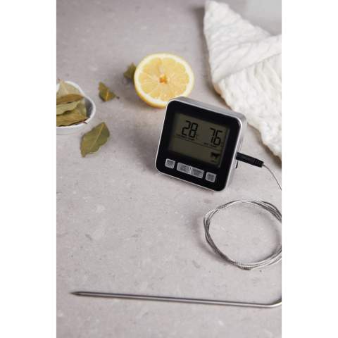 Serve the perfect meal with this handy cooking thermometer. Whether you're roasting succulent roast beef or baking a special cake, this feature-packed thermometer will prove invaluable in the kitchen, whether you are oven cooking, grilling or baking. Timer function and alarm function help you stay in control. The thermometer also displays Celcius and Farenheit so you can adjust it to suit your needs. No kitchen is complete without one.