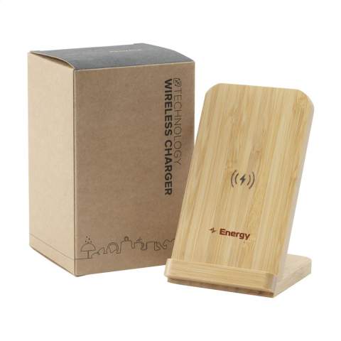 Fast, ecologically responsible 10W charging stand made of high-quality and sustainable bamboo. The stand has 2 charging coils with an optimal charging surface for mobile phones of all sizes. The phone can be placed both horizontally and vertically. Compatible with all devices that support QI wireless charging (newest generations Android and iPhone). Input: 5V/2A. Output: 5V/1A. Fast-charge input: 9V 1.67A. Fast-charge output: 9V1.1A. Includes charging cable with USB-C connection, USB-C connector and user manual. Each item is supplied in an individual brown cardboard box.