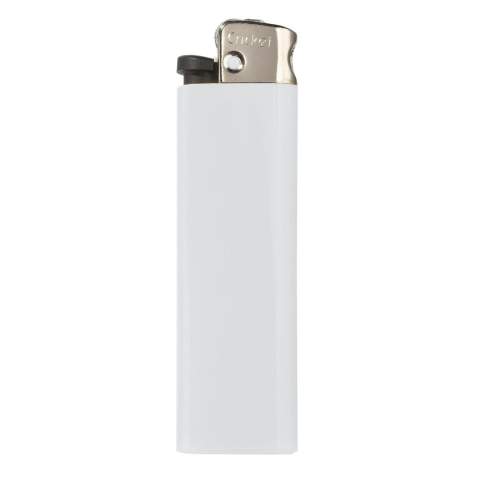 Disposable Cricket lighter with nickel cap. Child-resistant.