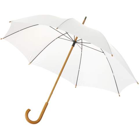 Parapluie 23" avec poignée en bois, mât en bois et baleines en métal.