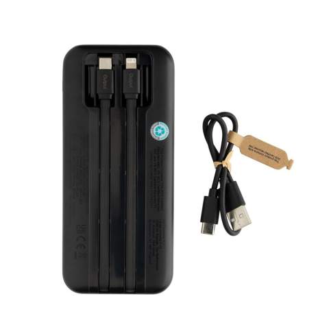 All in one fast charge powerbank with integrated cables and power display. The 10,000 mah powerbank comes with an integrated type C and integrated Apple Lightning cable so that you can easily connect to your device to start fast charging your mobile device. With one additional type C port and USB A port to connect your own charging cable. When fully charged the powerbank provides you with enough energy to re-charge your mobile phone up to four times. The powerbank contains a long lasting grade A 10.000 mAh lithium polymer battery. Made with recycled ABS and recycled TPE. Total recycled content: 21% based on total item weight. RCS certification ensures a completely certified supply chain of the recycled materials. With digital display to show the remaining power. Packed in FSC® kraft packaging. PVC Free. USB-A output 5V⎓3.0A, 9V⎓2A, 12V⎓1.5A; USB-C output 5V⎓3.0A, 9V⎓2.22A, 12V⎓1.67; Type-C input 5V⎓3.0A, 9V⎓2A, 12V⎓1.5A; Built-in USB-C cable Output: 5V⎓3A 9V⎓2A 12V⎓ 1.5A;<br /><br />PowerbankCapacity: 10000<br />PVC free: true