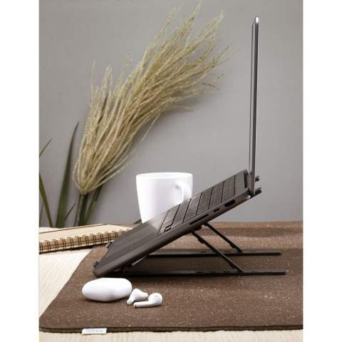 WoW! Adjustable laptop stand made from GRS-certified recycled aluminium. The laptop stand is suitable for laptops and tablets (up to 15.6 inches). Adjustable to 6 different heights. This contributes to a correct and comfortable working position. The stand is high-quality, lightweight, non-slip and stable. The sleek, open design ensures good ventilation. Foldable into a compact package and therefore easy to carry. A must-have that suits every workplace. Terry textile pouch included. GRS-certified. Total recycled material: 91%. Each item is supplied in an individual brown cardboard box.