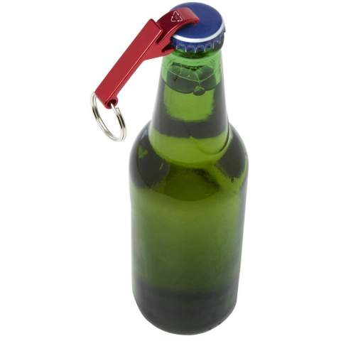 The strong and lightweight Tao bottle and can opener with keychain is made of 83% RCS certified recycled aluminium. The Recycled Claim Standard (RCS) verifies the recycled content of a product throughout the entire supply chain. Available in a variety of striking colours with a metallic finish, making a printed logo stand out nicely.
