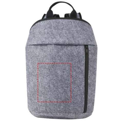 Practical cooler backpack made of high quality soft and durable GRS certified recycled felt. Features a main zippered compartment lined with food safe, high density thermal PEVA insulation keeping beverages and refreshments cold for hours. Front zippered pocket. Adjustable shoulder straps and a cotton, woven carry handle. Easy to clean. Capacity: 7 litres.