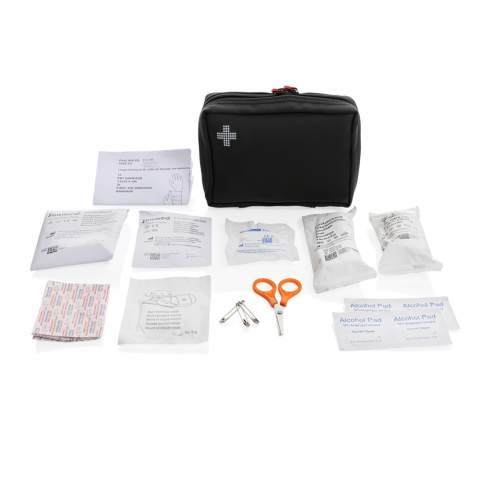 Luxury first aid kit, featuring a water-repellent nubuck-PU material that is both stylish and practical. The material is easy to clean and repels water, making it perfect for use while on the go 1pc PBT bandage, 1pc PBT and compress bandage, 1pc triangle bandage, 1pc safe kiss, 1 pair of gloves, 1pc tape, 3pcs pin, 1pc scissor, 10pcs plasters and 4pcs alcohol pads; ; All content according to Medical Device Directives: 93/42/EEC and EU (2017/745), EN ISO 13485:2016; All content (except for pins and scissor) packed in paper bag marked with all mandatory markings needed for EU, like “Expiration date, CE, LOT number. Total recycled content: 24 % based on total item weight. RCS certification ensures a completely certified supply chain of the recycled materials <br /><br />PVC free: true