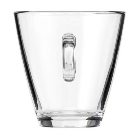 Großes Teeglas aus hochwertigem, gehärtetem Glas. Zeitloses Modell mit einem auffälligen runden Ohr. Fassungsvermögen 320 ml. Hergestellt in Italien.