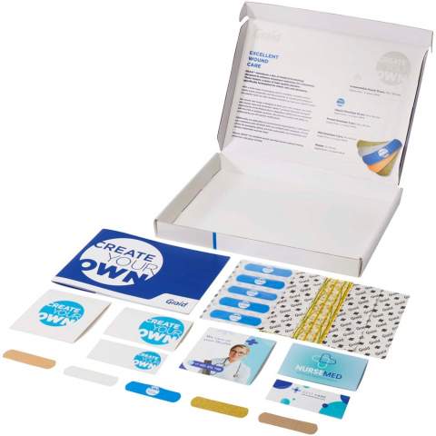 Includes 3 paper envelopes in different sizes (95 x 40 mm, 100 x 65 mm, 100 x 94 mm), each with 5 different plasters (bamboo, universal, glitter, sensitive and printed). The products meet the stringent requirements of the Medical Device Regulation (MDR) and are registered with the FDA in multiple countries. Compliant with ISO14001:2015 and ISO9001:2015 standards. Plaster size: 72 x 19 mm.