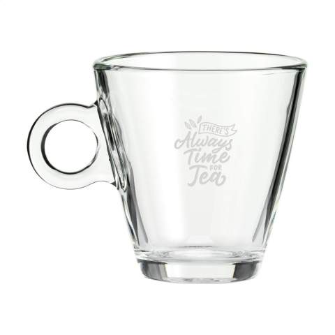 Großes Teeglas aus hochwertigem, gehärtetem Glas. Zeitloses Modell mit einem auffälligen runden Ohr. Fassungsvermögen 320 ml. Hergestellt in Italien.
