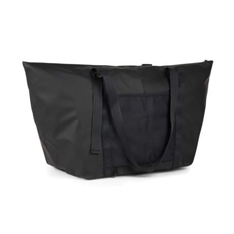 A perfect travel companion, this weekend bag is crafted from super lightweight GRS certified polyester with a sleek PU coating. Simply fold it and secure with the clever strap and buckle for storing compactly when not in use. Featuring a clever outer pocket that transforms into a secure trolley sleeve that allows you to slip it over a wheeled suitcase or trolley. Featuring adjustable straps to carry by hand or over your shoulder. Smaller inner pocket for your essentials. These versatile bags are not only easy to carry but are also designed to fold and store compactly in your luggage, providing convenient extra storage without weighing you down. Certified by GRS (Global Recycled Standard), this certification guarantees that the entire supply chain of the recycled materials is certified. The total recycled content is based on the overall product weight. This product contains 52% GRS certified recycled polyester.