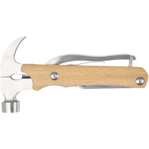 Starkes, langlebiges und kompaktes Multitool aus hochwertigem Edelstahl mit Buchenholzgriffen. Ein unverzichtbares Accessoire für Pfadfinder, Handwerker und andere Survival- oder Outdoor-Fans. Das verwendete Buchenholz stammt aus nachhaltigen, umweltfreundlichen und sozialverträglichen Quellen. Das Multitool ist aufgeklappt 24 x 13 x 2 cm groß, geschlossen 17,5 x 9 x 2 cm, und bietet 10 Funktionen: Klaue, Spitzzange, Standardzange, Drahtschneider, Hammer, Feile, Schlitzschraubendreher, Kreuzschlitzschraubendreher, Säge, Messer und Schloss. Wird mit einer Bedienungsanleitung geliefert und ist in einer Geschenkbox aus Recycling-Karton mit den Maßen 20,5 x 10 x 3,5 cm verpackt. Als nachhaltige Werbeanbringung empfehlen wir Lasergravur.