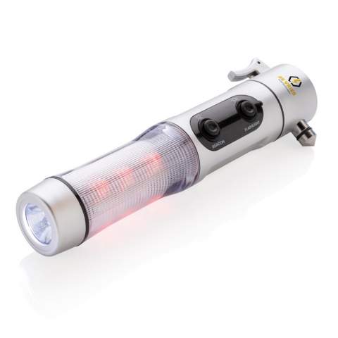 Notfalllampe im silbernen Kunststoffgehäuse, mit 1 weißen LED und 9 roten Alarmlichtern seitlich, Gurtschneider, Fensterhammer und magnetischem Sockel. Inklusive Batterien.