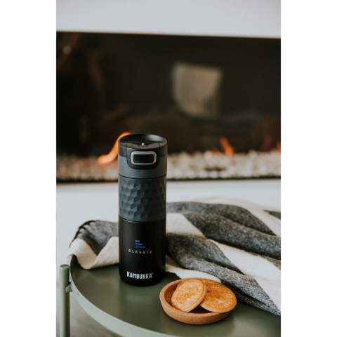The ideal thermo bottle for when you’re on the go made by Kambukka® • excellent quality • beautiful design • handy size • vacuum insulated 18/8 stainless steel • BPA-free • keeps drinks hot for up to 9 hours and cold for up to 18 hours • 3-in-1 lid with 2 drinking positions: just press to take a quick sip, or open it completely to drink just as comfortably as from a mug, without spilling • easy to clean thanks to Snapclean®: just pinch and pull to remove the inner, dishwasher-safe mechanism • universal lid: also fits on other Kambukka® drinking bottles • the lid is heat-resistant and dishwasher-safe • rubberized grip • non-slip base • 100% leakproof • capacity 500 ml. • The black thermos cup cannot be provided with a laser engraving.  STOCK AVAILABILITY: Up to 1000 pcs accessible within 10 working days plus standard lead-time. Subject to availability.