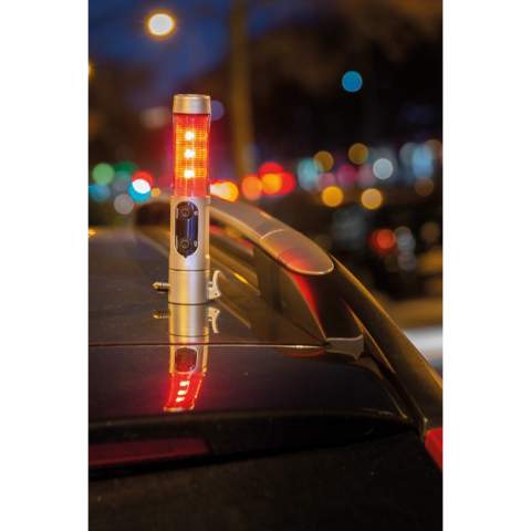 Emergency light, silver ABS case, 1 white LED  and 9 red flash lights at side, cutter, window breaker and magnetic base to place on the roof of the car.
