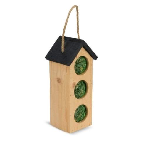 The black roof gives this bird feeder a modern look. Hang this item to a tree branch or a hook, using the rope on the top of the roof. With three different entrances, several birds can eat simultaneously. Comes filled with balls of sunflower seeds.