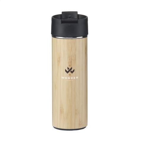 Double-walled, leak-proof, vacuum-insulated stainless steel thermo bottle/thermo cup with bamboo finish. Includes a removable stainless steel tea strainer. Capacity 360 ml. Each item is individually boxed.
