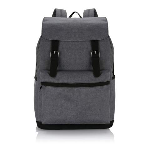 This 600D two tone polyester laptop backpack offers a classic look that’s perfect for the daily commute to school or work. Comes with large main compartment including a padded pocket for your 15.6” laptop. A zippered front pocket offers added storage for your earbuds and smartphone, camera, snacks, or other small items. PVC free.<br /><br />FitsLaptopTabletSizeInches: 15.6<br />PVC free: true