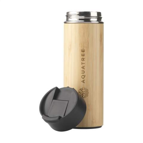 Double-walled, leak-proof, vacuum-insulated stainless steel thermo bottle/thermo cup with bamboo finish. Includes a removable stainless steel tea strainer. Capacity 360 ml. Each item is individually boxed.