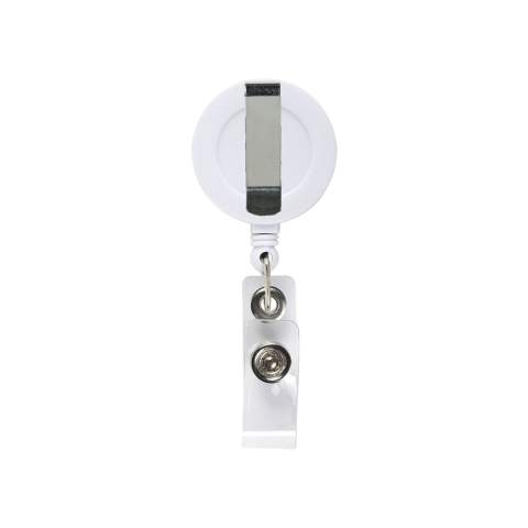 Porte-badge avec clip en métal, cordelette en nylon enroulable et clip du badge avec bouton pression.  Longueur du fil : 80 cm.