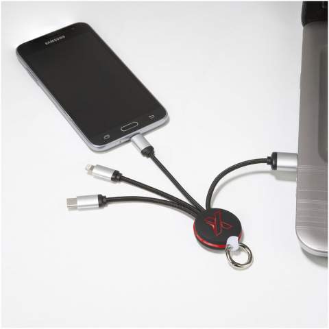 Light-up logo charging cable with rubber and metal finish fitted with three connectors (Type-C, Android, iPhone). Up to three devices can be charged simultaneously. Length of cables (including plugs): 10 cm. Recycled PET plastic cable and packaging is made of recycled paper and recycled plastic.