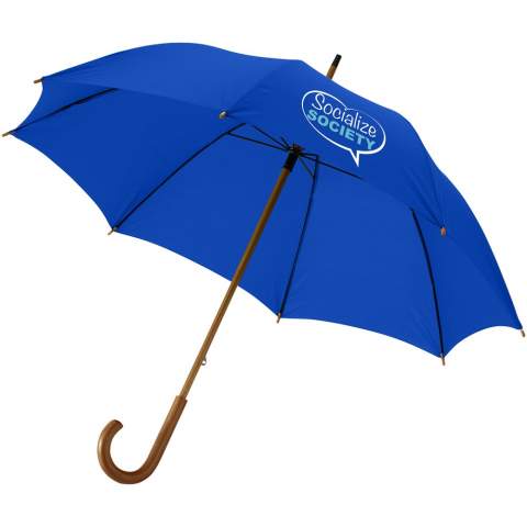23" paraplu met houten handvat, houten schacht en metalen baleinen.