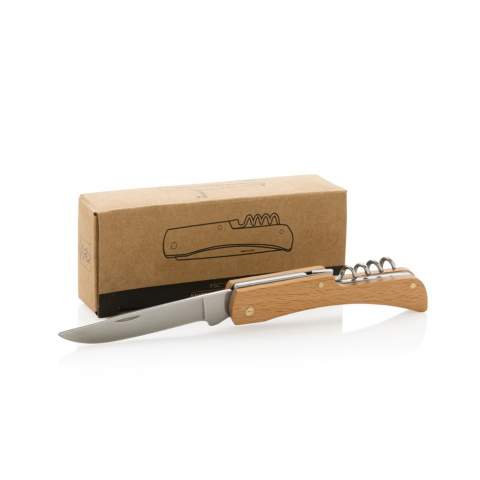 Foldable knife made with FSC 100% beech wood and high quality stainless steel (420) blade. On the reverse, there is a strong bottle opener. Rockwell hardness 42-52. Blade is food safe. Packed in FSC mix kraft box<br /><br />PVC free: true