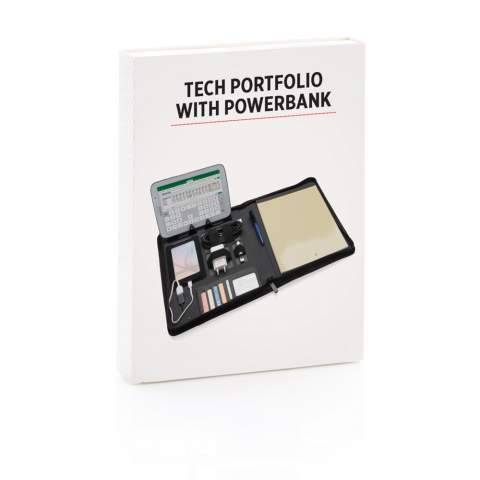 Tech portfolio with 4000 mAh powerbank. Including phone/tablet stand and phone holder with see-through window which allows you to view and access your mobile device and several gadget holders. Output 5V/2.1A, input 5V/800mAh.<br /><br />NotebookFormat: A4<br />NumberOfPages: 20<br />PaperRulingLayout: Lined pages